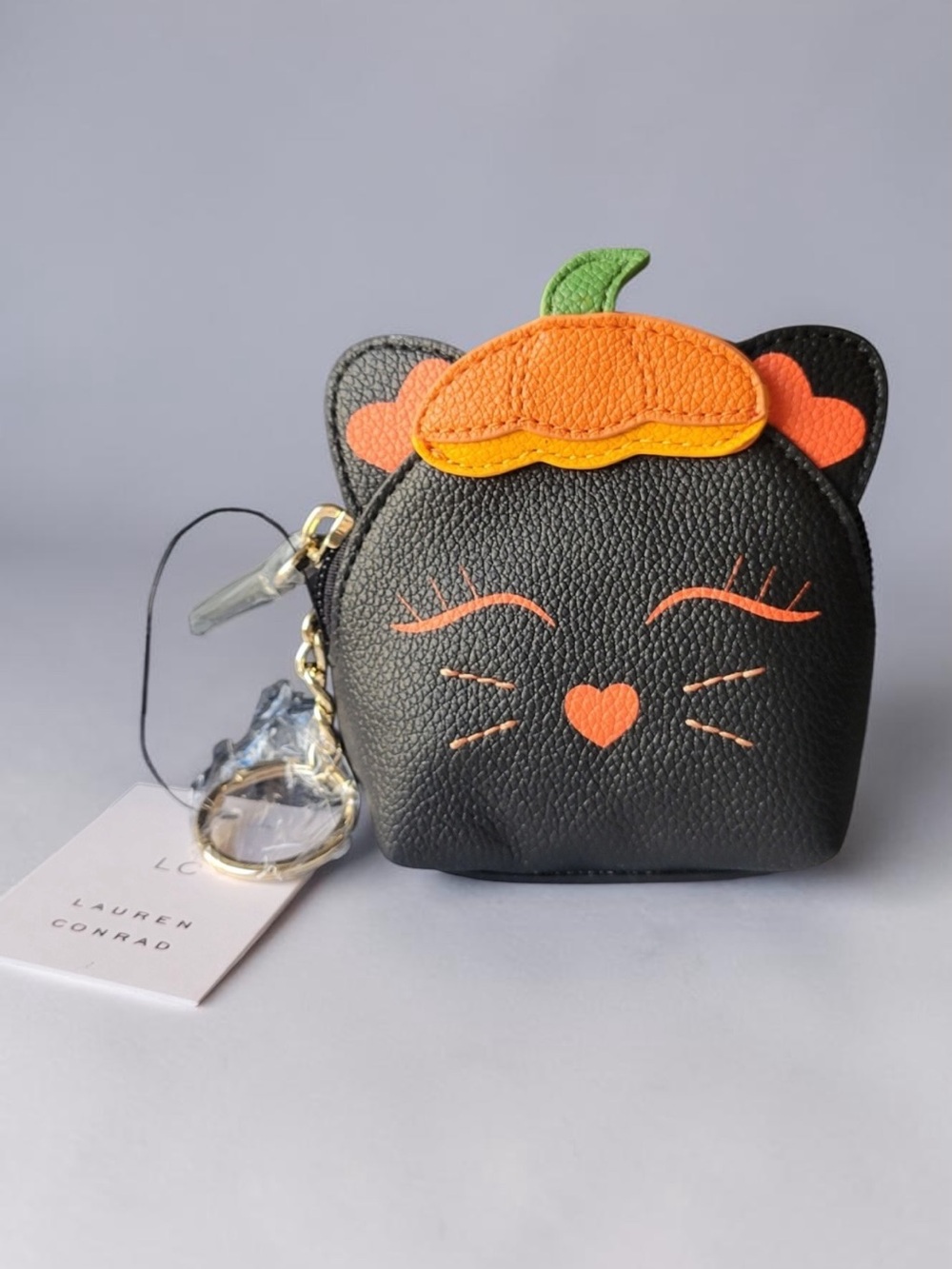 LC Lauren Conrad Black & Orange Kitty Keychain Coin Purse NWT